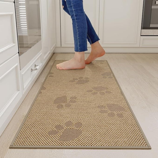 Kitchen Mats for Floor, Super Absorbent Kitchen Rugs Non Slip Washable, Rubber Backing Soft Woven Linen Embroidery Runner Rug, Standing Mat Kitchen Sink Mat, Easy to Clean, Brown 17x47