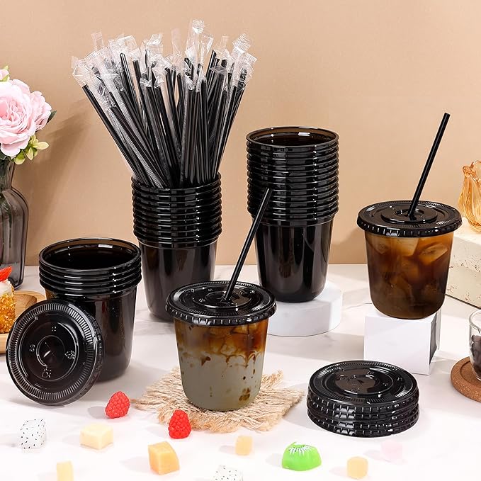 tchrules 100 Set 12oz Black Plastic Cups with Lids & Straws, Disposable Iced Coffee Cup with Lid, Round Bottom Plastic To Go Cups for Cold Drinks Slushie Smoothie Lemonade Party Picnic Shop Supplies