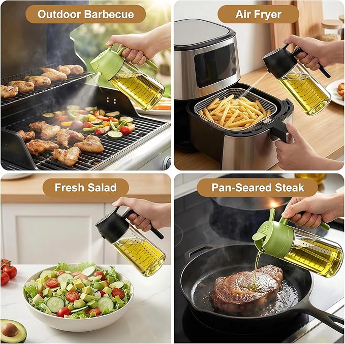 Poshetion 2 in 1 Olive Oil Sprayer for Cooking, 16oz Oil Dispenser for Kitchen, Leak-Proof Oil Spray Bottle for Air Fryer, Salad, BBQ, Baking, Grilling - Black & Green