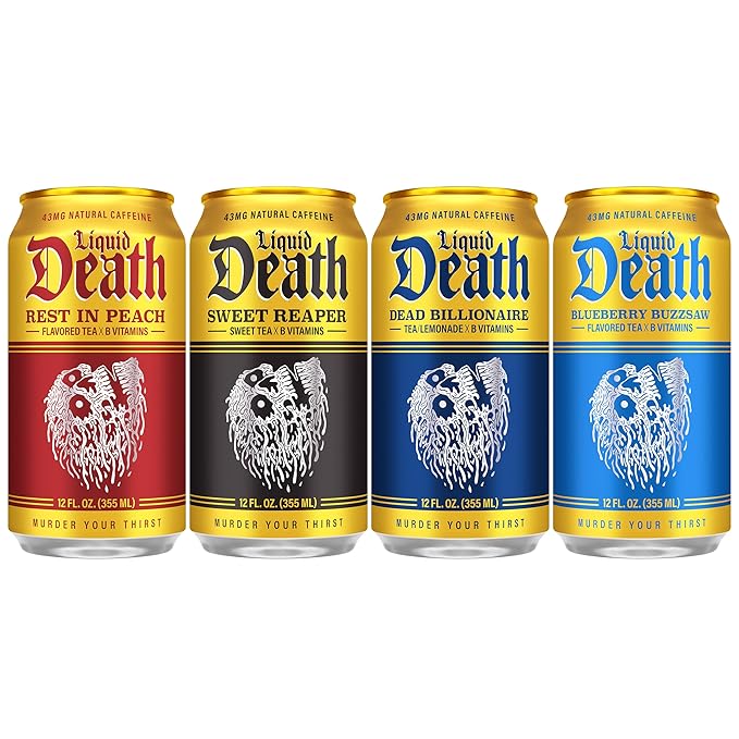 Liquid Death Iced Tea - O.G. Variety, Less Sugar*, Boost of Caffeine, B Vitamins, No Artificial Sweeteners, 4 Flavors: Tea/Lemonade, Rest in Peach, Sweet Reaper, Blueberry Buzzsaw, 12 Fl Oz (Pack of 12)