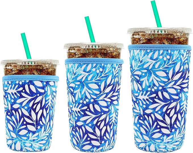 YR Reusable Neoprene Insulator Sleeve for Iced Coffee Cups, 3 Pack Coffee Coolies sleeves for Iced & Hot Drinks, Cold Beverage Cooler Compatible with Starbucks Coffee and More (Blue Leaves)