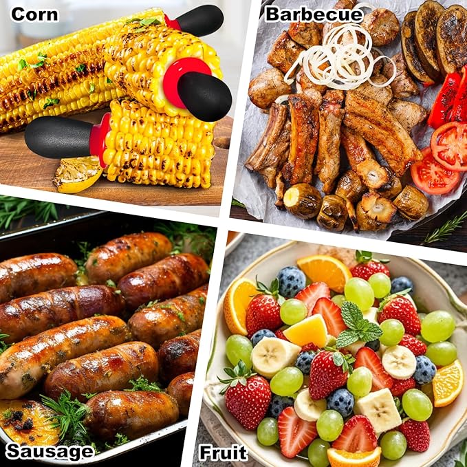 12 Pcs/6 Pairs Corn Holders, Stainless Steel Corn Cob Holders Corn on The Cob Skewers for Home Cooking BBQ Parties Camping, Red-Black