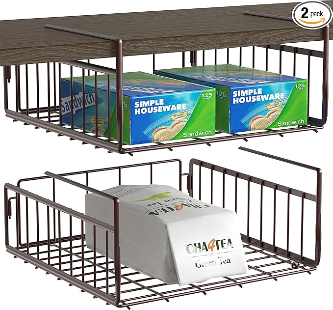 Simple Houseware Under Shelf Basket, Bronze - 2 Pack