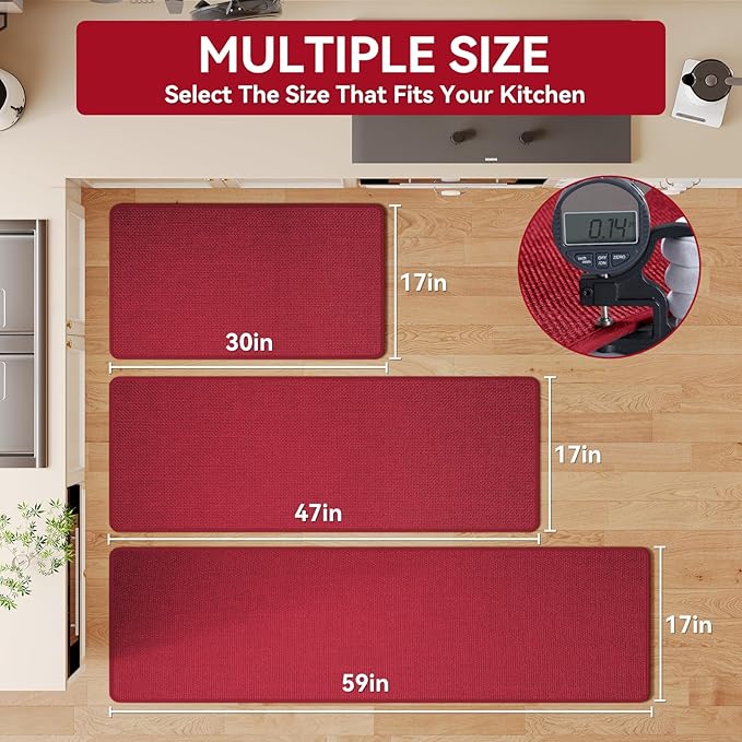 Kitchen Mat Set of 2 PCS, Cushioned Non Slip Rugs for Kitchen Floor, Absorbent Runner Comfort Standing Mats Washable for Kitchen, Office, Home Red 17x30+17x59