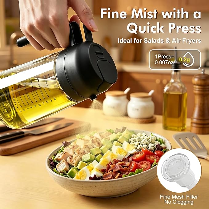 Poshetion 2 in 1 Olive Oil Sprayer for Cooking, 16oz Oil Dispenser for Kitchen, Leak-Proof Oil Spray Bottle for Air Fryer, Salad, BBQ, Baking, Grilling - Black & Black
