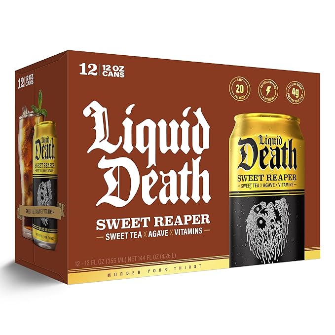 Liquid Death Iced Tea - Sweet Reaper (Black Sweet Tea), Less Sugar*, Boost of Caffeine, B Vitamins, No Artificial Sweeteners, 12 Fl Oz (Pack of 12)