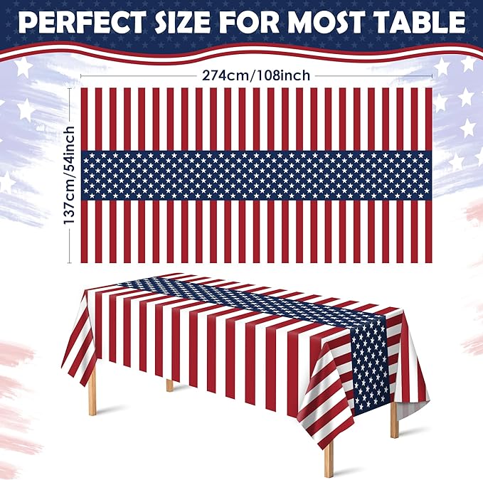 OHOME 4th of July Decorations - Patriotic American Flag Plastic Tablecloth for 250th Anniversary | Fourth of July Accessories Memorial Day Decor for Home Outdoor Outside Party Favors,54"x108",2 Pack