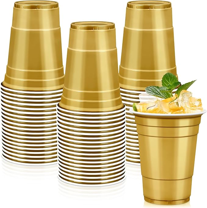 LANLISA 50 Gold Plastic Cups, 16 oz Disposable Cups, Drinking Cups For Birthday Party Supplies, Graduation, Thanksgiving Decorations, Harvest, Fall, New Years