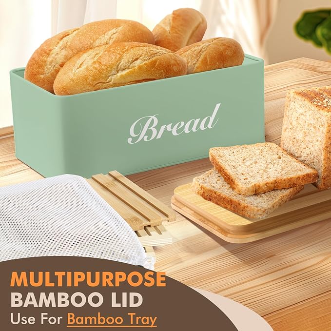 RYTOXILO Bread Slicer with Bread Box, Green Bread Storage Container for Kitchen Countertop with Multifunction Bamboo Lid, 3 in 1 Breadbox for Loaf Slicing & Tray, Bread Holder for Kitchen Counter