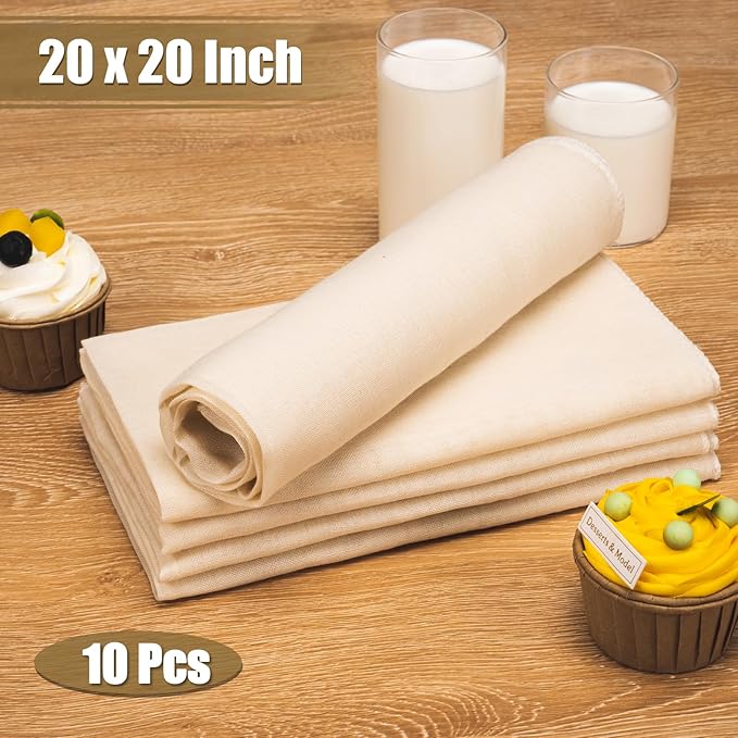 Amrules Cheese Cloths for Straining, 10PCS 20x20 Inch Grade 100 Cheese Cloth, Reusable Washable Unbleached Pure Cotton Cheesecloth for Cooking and Cheese Making with Hemmed Edge