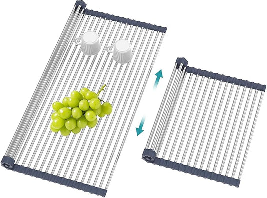 BBXTYLY Extra Large Expandable Roll Up Dish Drying Rack,Over The Sink Drying Rack Sink Cover Kitchen Sink Accessories Kitchen Rolling up Stainless Steel Drainer, Foldable,Rollable（Grey，25.1''-17.3''）