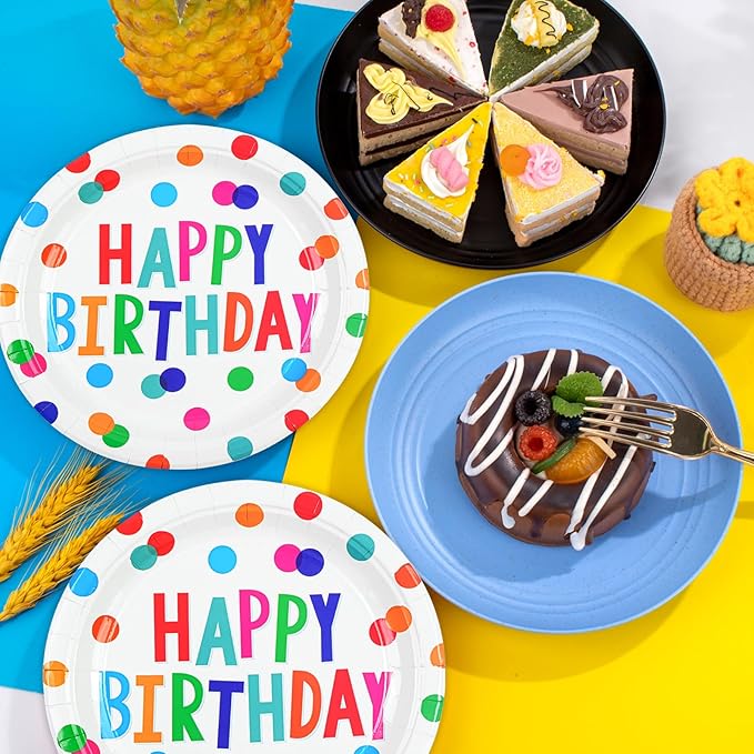 50PCS Birthday Plates and Napkins Party Decorations, 7inch Colorful Dots Happy Birthday Dessert Plates Cake Plate Disposable Paper Tableware Dinnerware Set for Birthday's Party Supplies