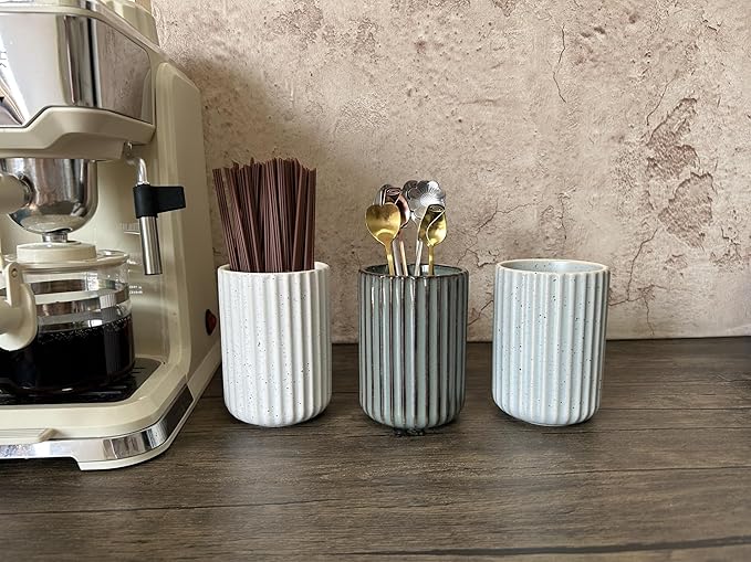 TOPYOKK Stoneware Coffee Bar Utensil Holder Tea & Coffee Spoon & Stirrer Holder for Stir Stick Straw Teaspoon Holder Spoon Cup Small Utensil Jar Fluted Vertical Stripe (Concrete Grey)