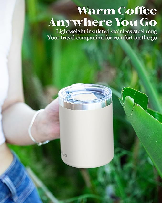 12oz Insulated Coffee Mug with Lid – Includes Two Lids, Stainless Steel Coffee Travel Mug with Handle, Double Wall Vacuum Insulated Camping Mug for Home, Office & Outdoor, Brown