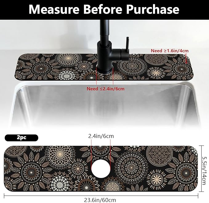 2 Pcs Kitchen Sink Splash Guard Faucet Mats Mandala Pattern Faucet Mat for Sinks Leaves Absorbing Drying Mat for Kitchen Bathroom, 23.6x5.5inch