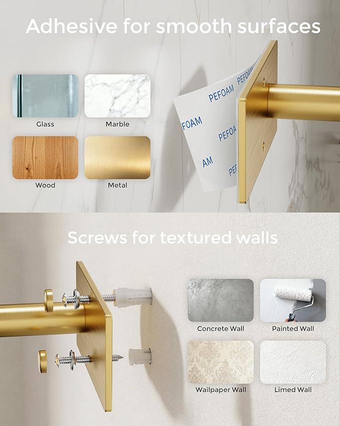 Gold Paper Towel Holder Under Cabinet, Self Adhesive or Wall Mount Hanging Paper Towel Holder with Damping Effect, Single Hand Operable, Stainless Steel for Kitchen Bathroom