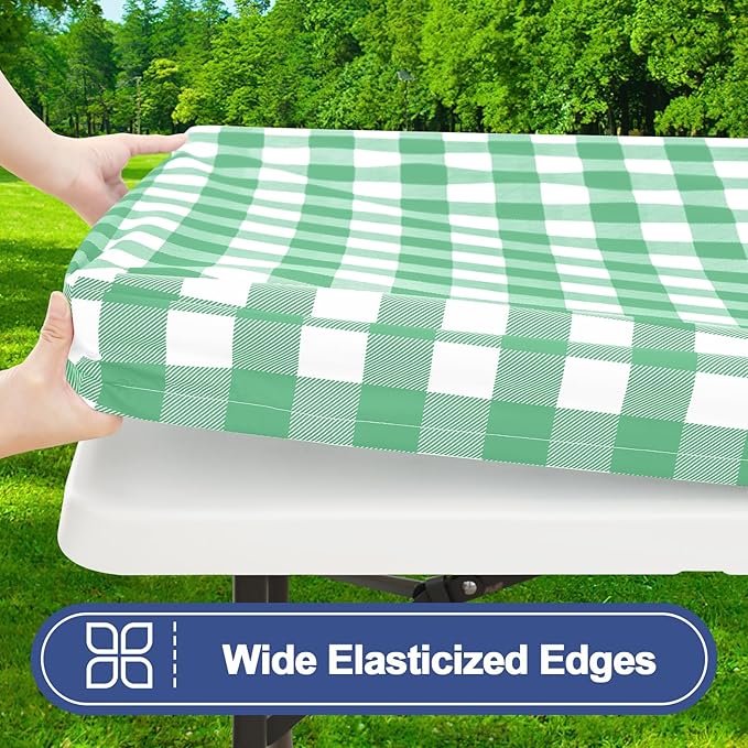 Smiry Picnic Table Cloth 2 Pack, Waterproof Elastic Fitted Tablecloths for 18x72 Rectangle Tables, Washable Polyester Buffalo Plaid Tablecloth for Camping & Outdoor (Sage Green & White, 18" x 72")