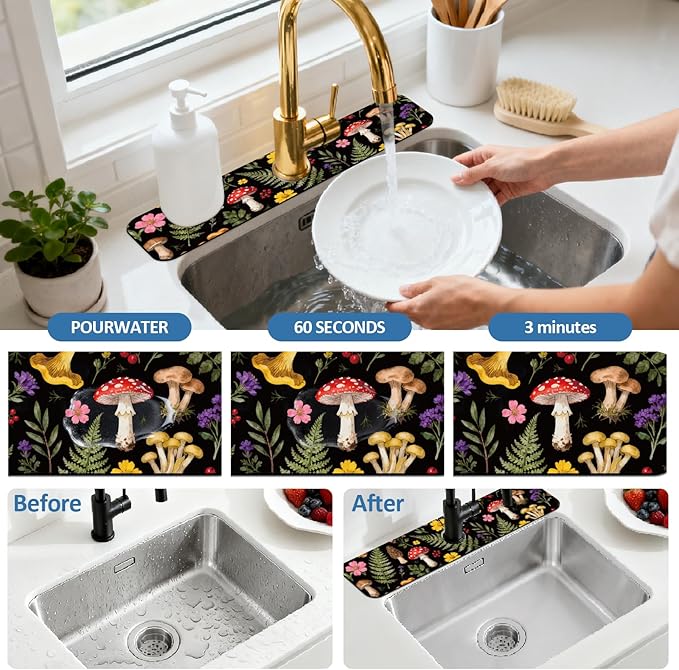 2 Pcs Kitchen Sink Splash Guard Faucet Mats Colorful Mushrooms and Flowers Pattern Faucet Mat for Sinks Leaves Absorbing Drying Mat for Kitchen Bathroom, 23.6x5.5inch