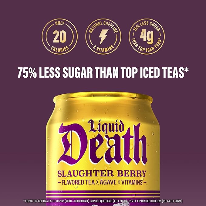 Liquid Death Iced Tea - Slaughter Berry (Raspberry-Flavored Black Tea), Less Sugar*, Boost of Caffeine, B Vitamins, No Artificial Sweeteners, 12 Fl Oz (Pack of 12)