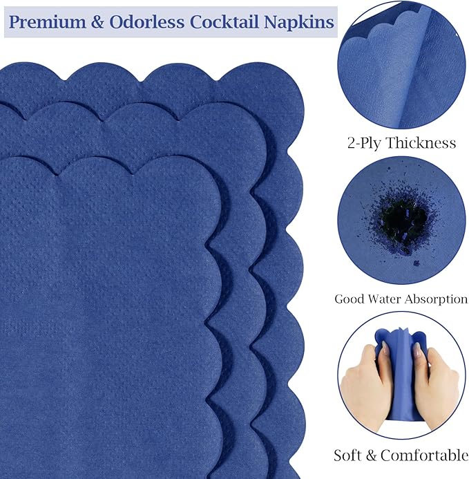 100 Pcs Cocktail Napkins, 2-Ply 5 x 5 Inches Disposable Scalloped Napkins, Thick Premium Dessert Napkins for Party, Wedding, Dinner, Birthday, Anniversary, Festival (Navy Blue)