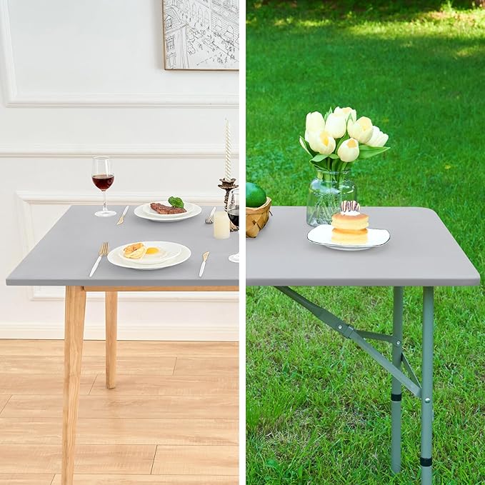 Fitted Rectangle Tablecloth 30 x 72 Inch Elastic Table Cloth for 6ft Table, Stretch Spandex Table Cover Silver Washable Polyester Table Top Cap Cover for Dining Picnic Camping Indoor and Outdoor