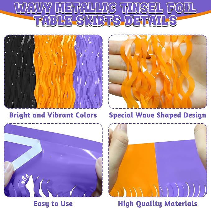 Halloween Table Skirts Decor, 2 Pack Black Orange Purple Desk Skirts Party Decorations, Halloween Wavy Tinsel Foil Fringe Table Skirts, Foil Favors for Indoor Party Backdrop Supplies