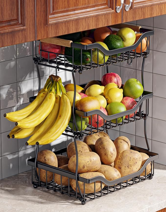 OKZEST 3-Tier Fruit Basket for Kitchen Counter, Wall-Hanging Fruit Bowl and Kitchen Countertop Organizer with 2 Banana Hooks, Fruit Storage Holder for Storing Potato Onion Snack Bread Fruit Vegetable