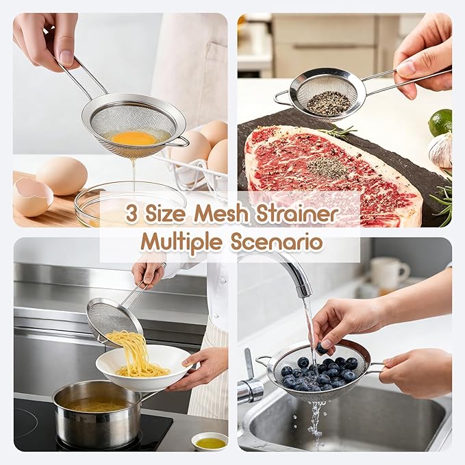 Fine Mesh Strainer Set of 3, Stainless Steel Sieve Sifters with handle, Small Medium Large Size, Kitchen Strainers Colander Set for Sifting, Straining & Cooking