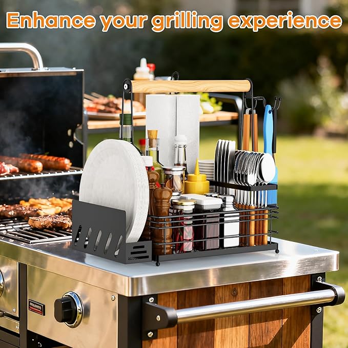 JBBTOOL Grill Caddy, BBQ Caddy with Paper Towel Holder & Utensil Holder, Picnic Caddy Organizer for Outdoor Cooking, Camping Essentials, Tailgating, Camping Must-Have for Patio, RV, Camper