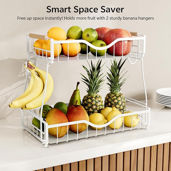 2 Tier Fruit Basket for Kitchen Countertop with 2 Banana Hangers,Detachable Metal Fruit Bowl with Wooden Handles and Protective Pads,Large Capacity Fruit and Vegetable Basket Organizer,White