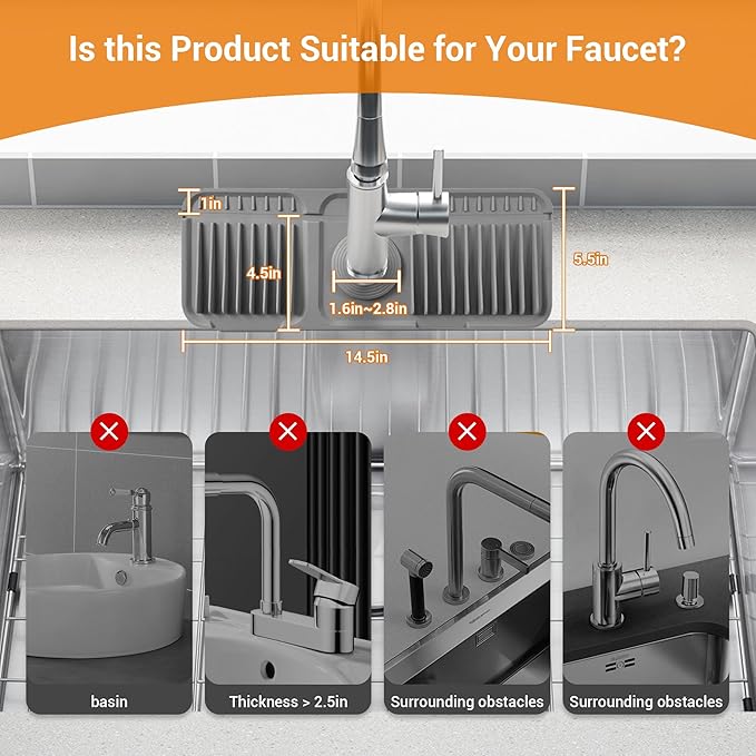 Faucet Mat for Kitchen Sink, 14"X5.5" Silicone Sink Splash Guard with Soap Holder, Snap-On Design & 7°slope Fast Drain, Folding Sink Faucet Mat for Universal Kitchen Bathroom Sink（Grey）