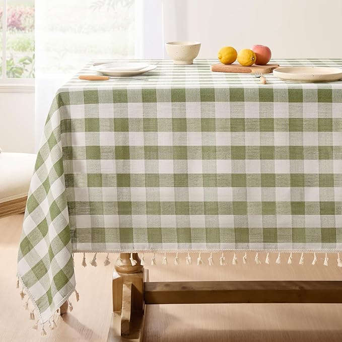 Softalker Outdoor Checkered Tablecloth Rectangle, Spring Summer Linen Cotton Gingham Table Cloth with Tassel, Heavy Duty Wrinkle Free Buffalo Plaid Table Cover for Picnic Camping - 55 x 70 Inch, Sage