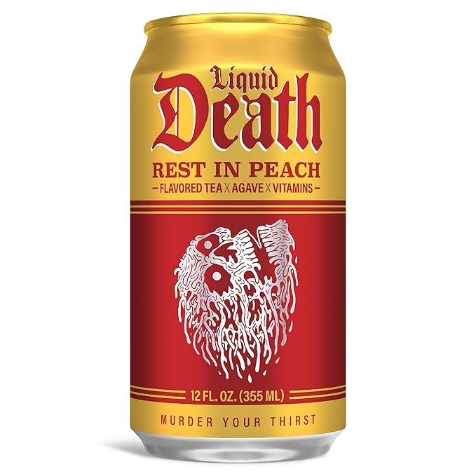 Liquid Death Iced Tea - Rest In Peach (Peach-Flavored Black Tea), Less Sugar*, Boost of Caffeine, B Vitamins, No Artificial Sweeteners, 12 Fl Oz (Pack of 12)