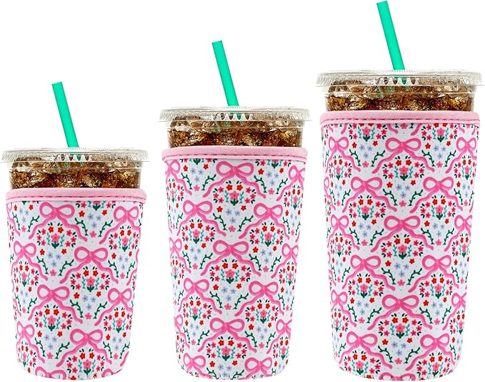 YR Reusable Neoprene Insulator Sleeve for Iced Coffee Cups, 3 Pack Coffee Coolies sleeves for Iced & Hot Drinks, Cold Beverage Cooler Compatible with Starbucks Coffee and More (Pink Bows)