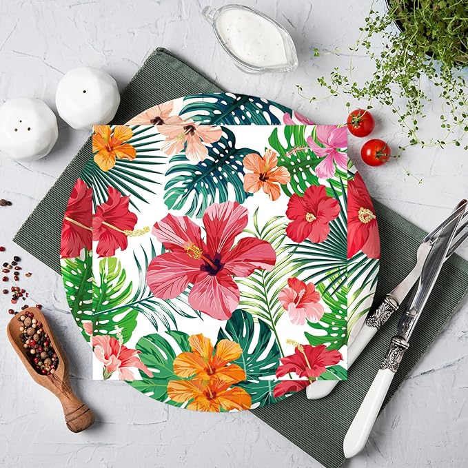 50PCS Hawaiian Luau Paper Plates and Napkins Party Decorations, 7inch Disposable Tropical Dessert Plates Summer Napkins Palm Leaves Hibiscus Tableware Set Aloha Party Supplies for Hawaii Summer