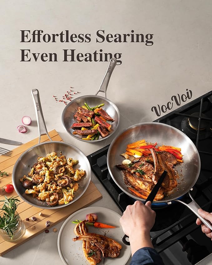 VocVoi Stainless Steel Pan Set, Frying Pan Set, 8/10/12 Inch Stainless Steel Cookware Set, PFOA&PTFE Free Tri-Ply Skillets, Chef's Pan Set, Dishwasher and Oven Safe, Induction Compatible