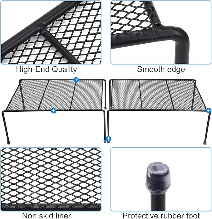 SIBAO Set of 4 Mesh Kitchen Shelves Cabinet Storage Shelf Rack (13.1 x 10.2 Inch) ，Kitchen Bathroom Pantry Cupboard Desk Home Office, Fridge, Non-Slip Plastic Feet (4, Black)