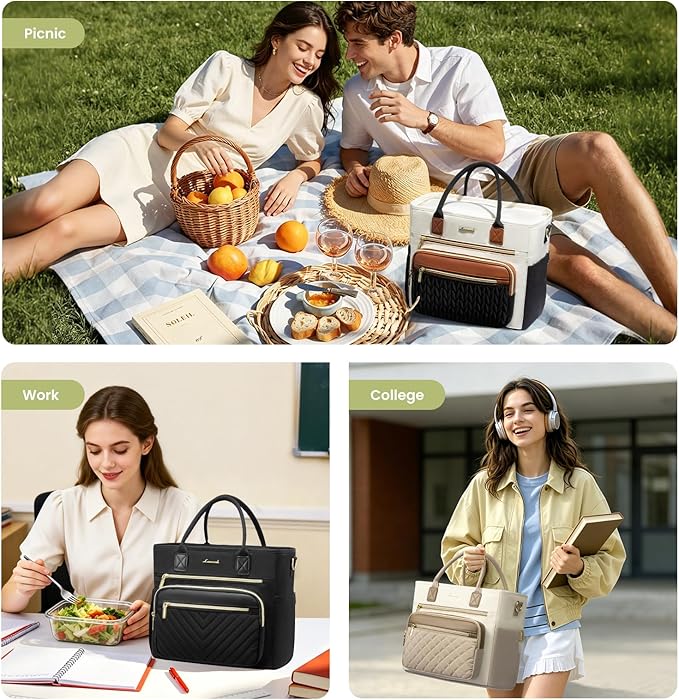 LOVEVOOK Insulated Lunch Bag Women,Wide Opening Adult Lunch Box Women with Cup Holder,Large Leakproof Cooler Bag for Work Picnic Beach Family College Mom,Lunch Teacher Breast Pump Diaper Tote Bag