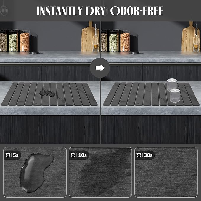 2 PCS Extra Large Stone Dish Drying Mat for Kitchen Counter, 28"×16" Marble Dish Drying Mat with 8"x 4" Coasters, Non - Slip Collapsible Absorbent Mat for Multi - Purpose, Match Any Countertop