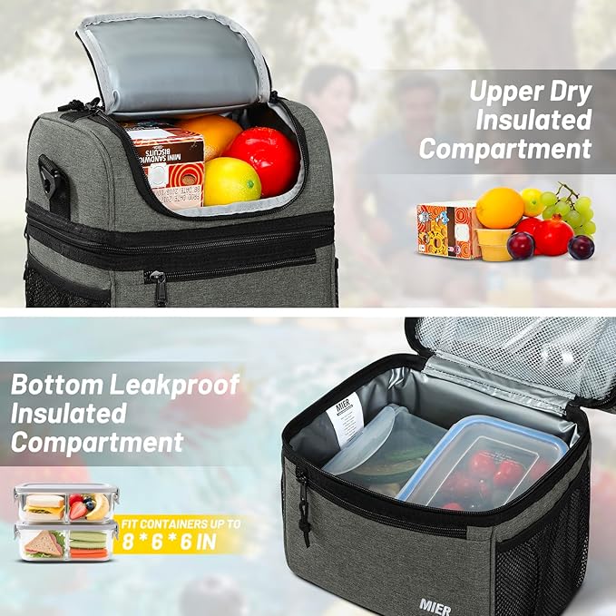 MIER Insulated Lunch Box Dual Compartment Lunch Bag Leakproof Cooler for Men Women Adult Work, Grey, Medium (Upgraded Extra-Tall Bottom Layer)
