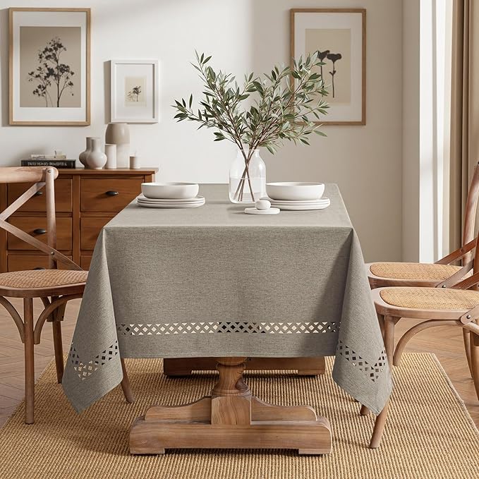MIULEE Linen Rectangle Linen Polyester Tablecloth with Decorative Cutouts Spring Waterproof Stain Resistant & Shrink-Proof Table Cloth 60x84 inch Farmhouse Style for Dining Wedding and Outdoor