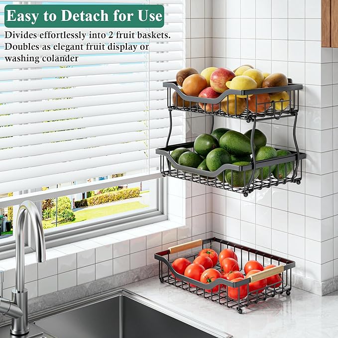 OKZEST 3-Tier Fruit Basket for Kitchen Counter, Wall-Hanging Fruit Bowl and Kitchen Countertop Organizer with 2 Banana Hooks, Fruit Storage Holder for Storing Potato Onion Snack Bread Fruit Vegetable