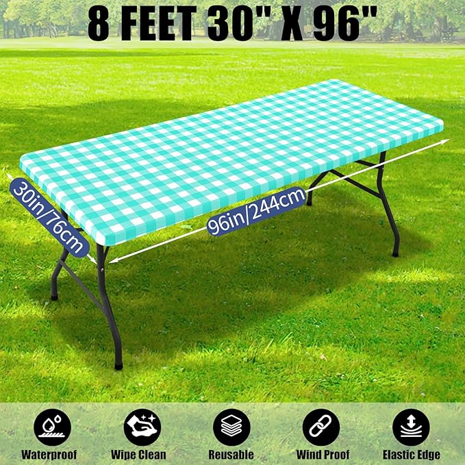 Smiry Picnic Table Cloth 2 Pack, Waterproof Elastic Fitted Tablecloths for 8FT Rectangle Tables, Washable Polyester Buffalo Plaid Tablecloth for Camping, Dining & Outdoor (Teal & White, 30" x 96")
