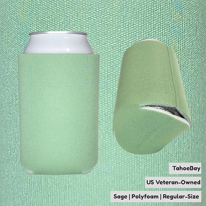 TahoeBay Bulk Blank Beer Can Cooler Sleeves (50-Pack) Sublimation Blanks for Vinyl Plain Soft Foam Can Sleeves Coolers for Soda Cans & Bottles Black, White, Assorted Solid Color (Sage)