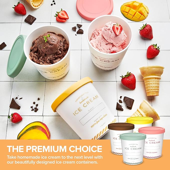32 oz Ice Cream Containers with Airtight Silicone Lids ( 4-Pack ) Homemade Ice Cream Container perfect for storing Gelato, Sorbet & Frozen Yogurt, Reusable 2 Pint Ice Cream Container with Lids