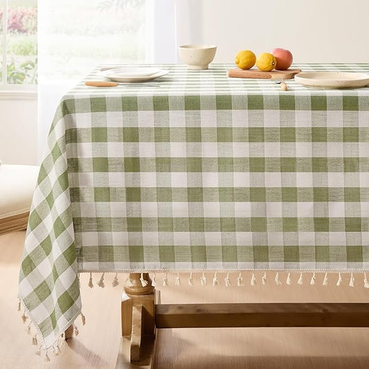 Softalker Outdoor Checkered Tablecloth Square, Spring Summer Linen Cotton Gingham Table Cloth with Tassel, Heavy Duty Wrinkle Free Buffalo Plaid Table Cover for Picnic Camping - 55 x 55 Inch, Sage