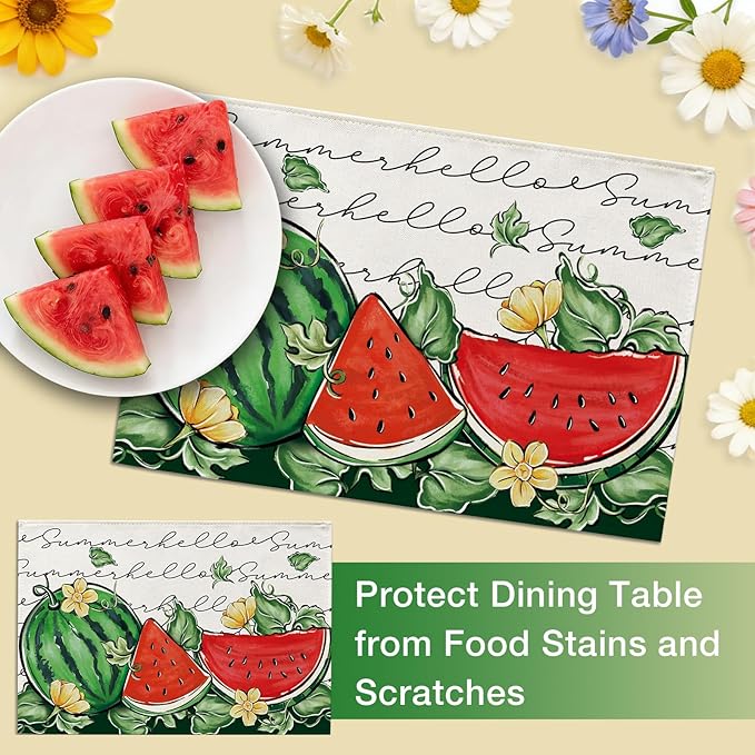 Seliem Hello Summer Watermelon Placemats Set of 4, Tropical Fruit Yellow Flower Dining Table Place Mats, Seasonal Kitchen Decor Home Decoration 12 x 18 Inches