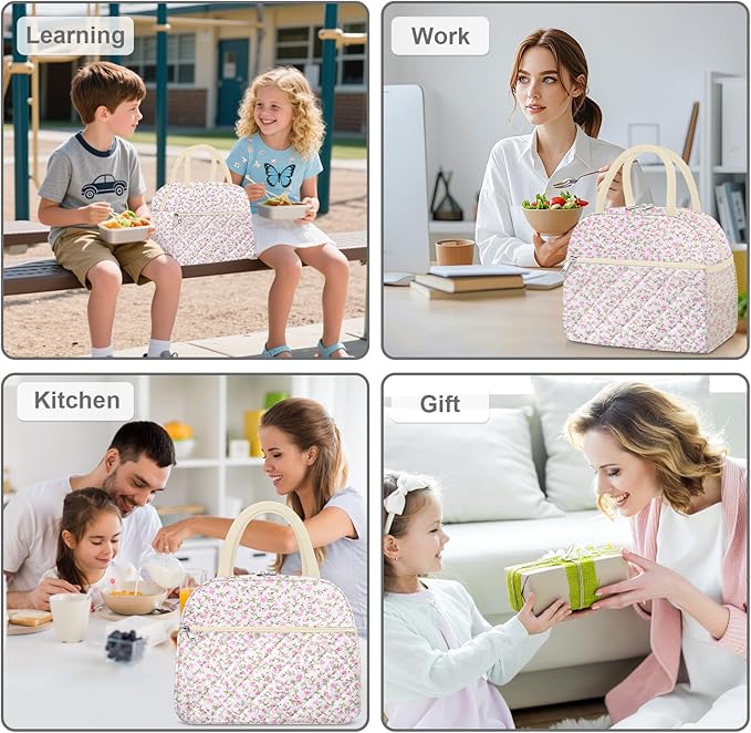 KUBYA Lunch Bag Lunch Box for Women Adult Men Insulated Quilted Reusable Large Lunch Tote Bag Leakproof Simple Cooler Bag for Work Office Picnic Beach or Travel