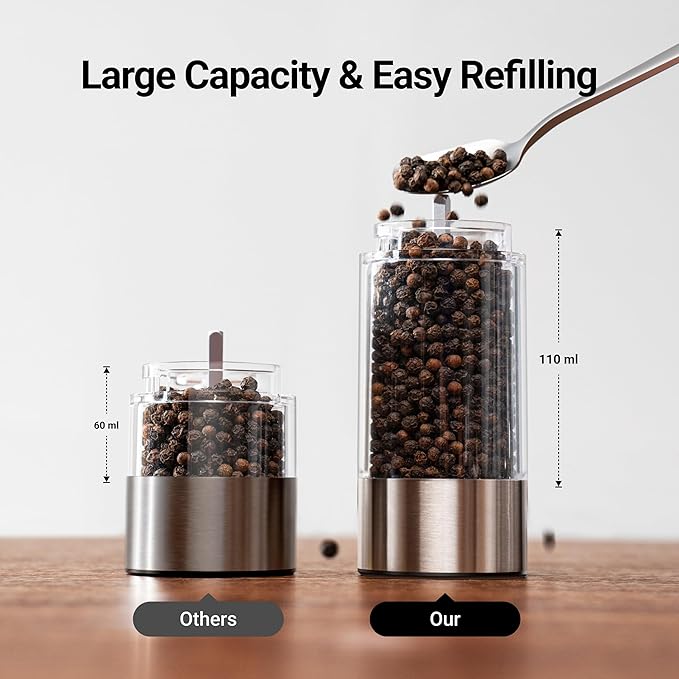 ThermoMaven Electric Salt and Pepper Grinder Set, 110ml Larger Rechargeable Automatic Salt and Pepper Mill Grinder with 6 Adjustable Coarseness, Electric Salt and Pepper Shakers, LED, Pistachio