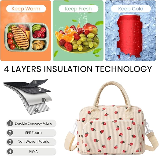 MAMONA Lunch Bag for Women Men Large Capacity Reusable Lunch Box Corduroy Insulated Cooler Tote Bags for Office Picnic